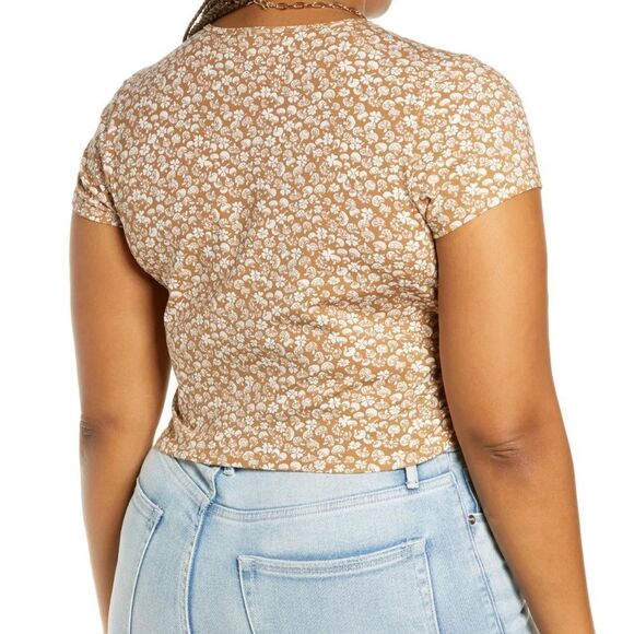 BP Women’s Top Crop Ruched Organic Cotton Tan Mushroom Print Size 2X NEW NWT - Picture 3 of 5